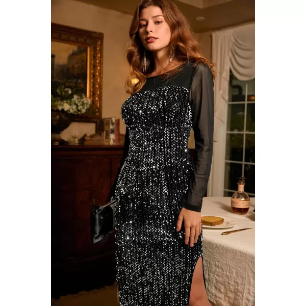 imageGRACE KARIN Womens Sequin Sparkly Glitter Dress Long Sleeve Velvet Cocktail Formal DressesBlack