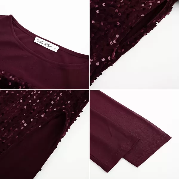 imageGRACE KARIN Womens Sequin Sparkly Glitter Dress Long Sleeve Velvet Cocktail Formal DressesWine Red
