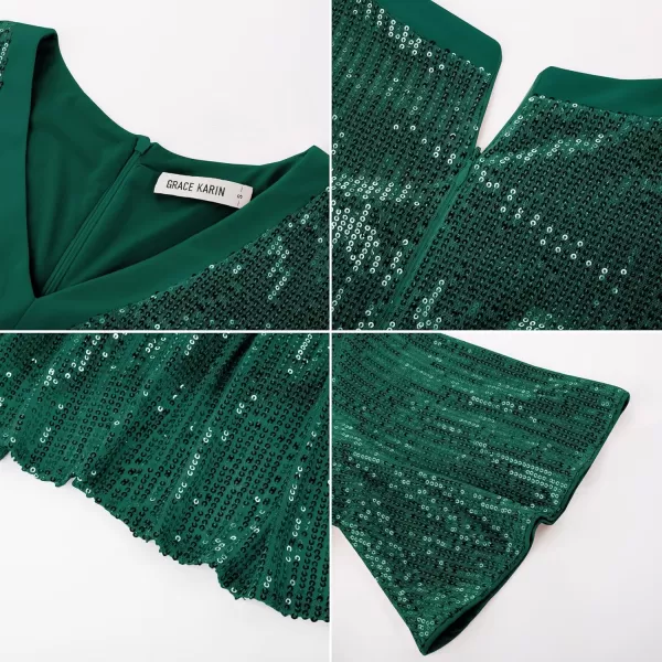 imageGRACE KARIN Womens Sequin V Neck Ruffle Sleeve Empire Waist Sparkly Glitter A Line Cocktail Formal DressesDark Green
