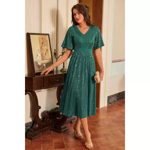 imageGRACE KARIN Womens Sequin V Neck Ruffle Sleeve Empire Waist Sparkly Glitter A Line Cocktail Formal DressesDark Green
