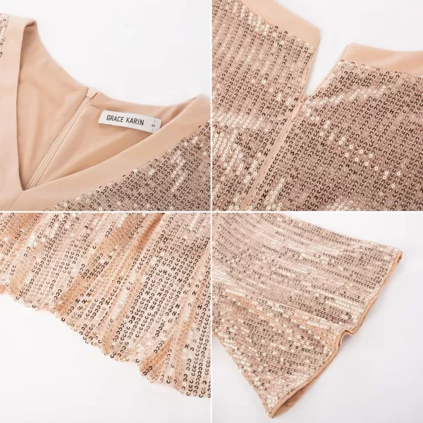 imageGRACE KARIN Womens Sequin V Neck Ruffle Sleeve Empire Waist Sparkly Glitter A Line Cocktail Formal DressesGold
