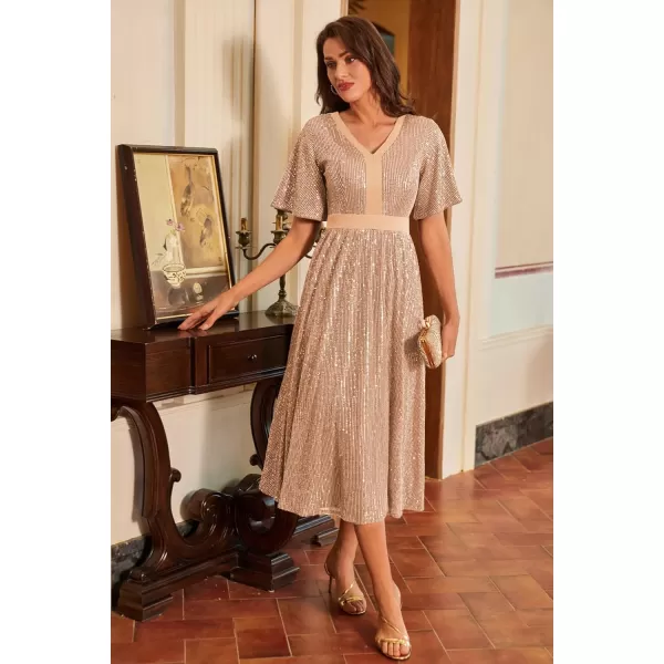 imageGRACE KARIN Womens Sequin V Neck Ruffle Sleeve Empire Waist Sparkly Glitter A Line Cocktail Formal DressesGold