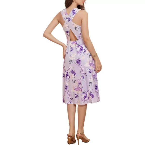 imageGRACE KARIN Womens Summer Sleeveless Mock Neck Dress Floral Midi Dress Elegant Wedding Guest Dress 2024 Backless DressPurplefloral