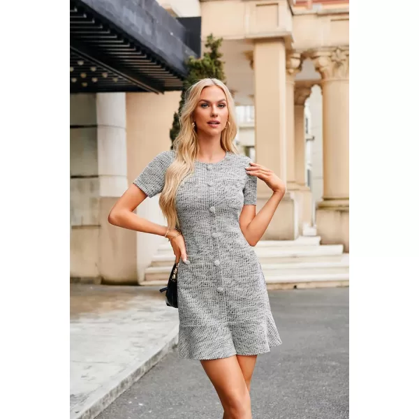 imageGRACE KARIN Womens Tweed Dress 2024 Fall Short Sleeve Button Bodycon Elegant Work Mini Dress Casual Dresses with PocketGray Black