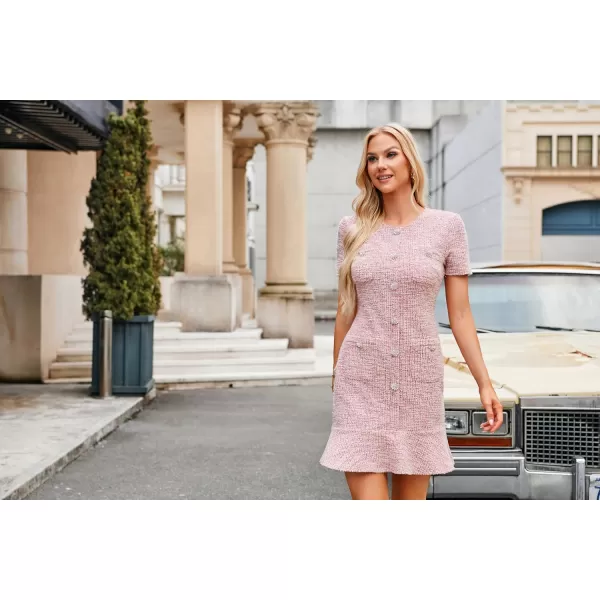 imageGRACE KARIN Womens Tweed Dress 2024 Fall Short Sleeve Button Bodycon Elegant Work Mini Dress Casual Dresses with PocketGray Pink