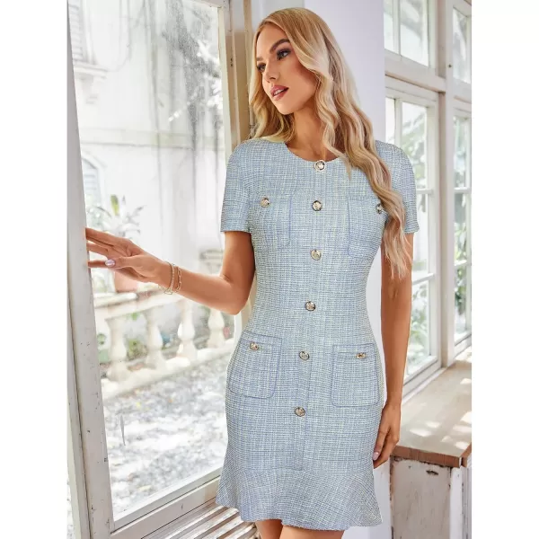 imageGRACE KARIN Womens Tweed Dress 2024 Fall Short Sleeve Button Bodycon Elegant Work Mini Dress Casual Dresses with PocketLight Blue