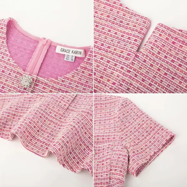 imageGRACE KARIN Womens Tweed Dress 2024 Fall Short Sleeve Button Bodycon Elegant Work Mini Dress Casual Dresses with PocketRose Red