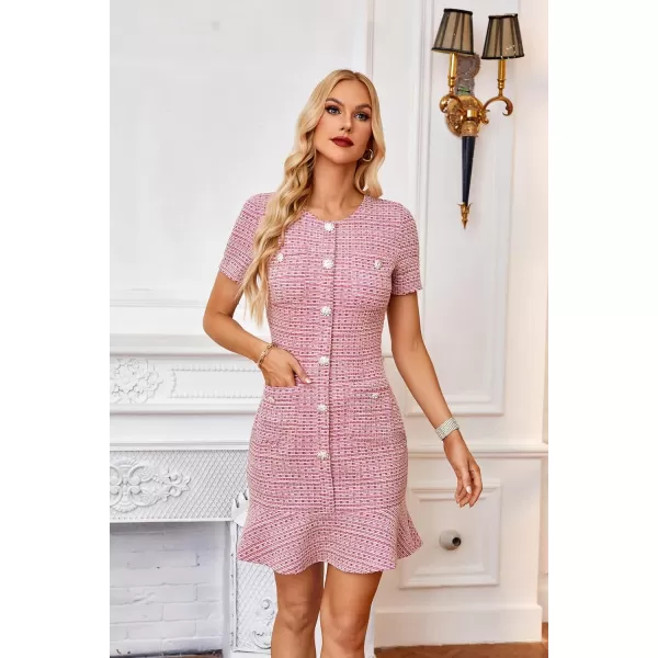 imageGRACE KARIN Womens Tweed Dress 2024 Fall Short Sleeve Button Bodycon Elegant Work Mini Dress Casual Dresses with PocketRose Red