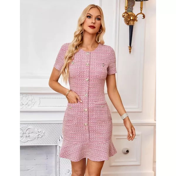 imageGRACE KARIN Womens Tweed Dress 2024 Fall Short Sleeve Button Bodycon Elegant Work Mini Dress Casual Dresses with PocketRose Red Metal Button