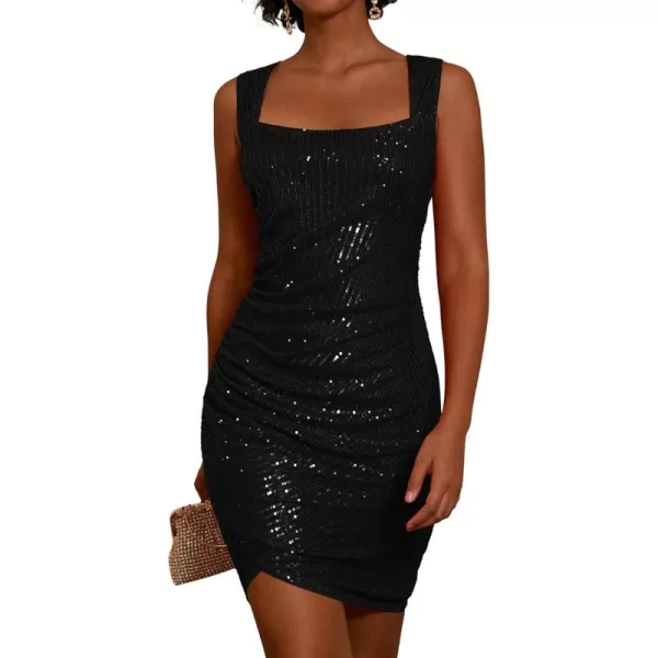 imageGRACE KARIN 2024 Womens Sequin Sparkly Dresses Sleeveless Square Neck Glitter Bodycon Dress Ruched Cocktail Mini DressBlack