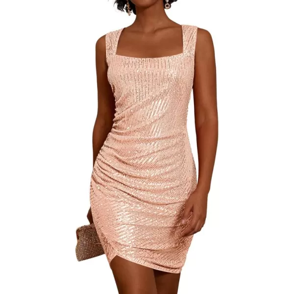 imageGRACE KARIN 2024 Womens Sequin Sparkly Dresses Sleeveless Square Neck Glitter Bodycon Dress Ruched Cocktail Mini DressRose Gold