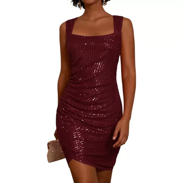 imageGRACE KARIN 2024 Womens Sequin Sparkly Dresses Sleeveless Square Neck Glitter Bodycon Dress Ruched Cocktail Mini DressWine Red