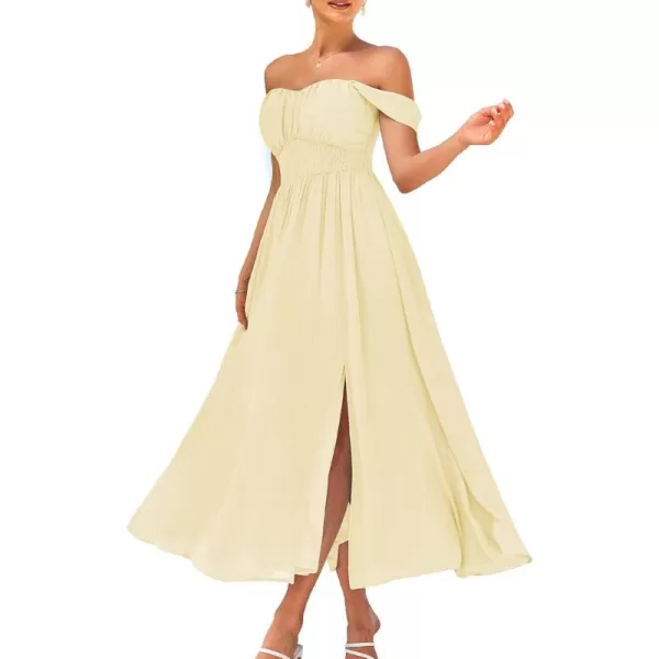 imageGRACE KARIN 2024 Womens Summer Solid Flowy A Line Dresses Sleeveless Smocked Off Shoulder Maxi DressApricot