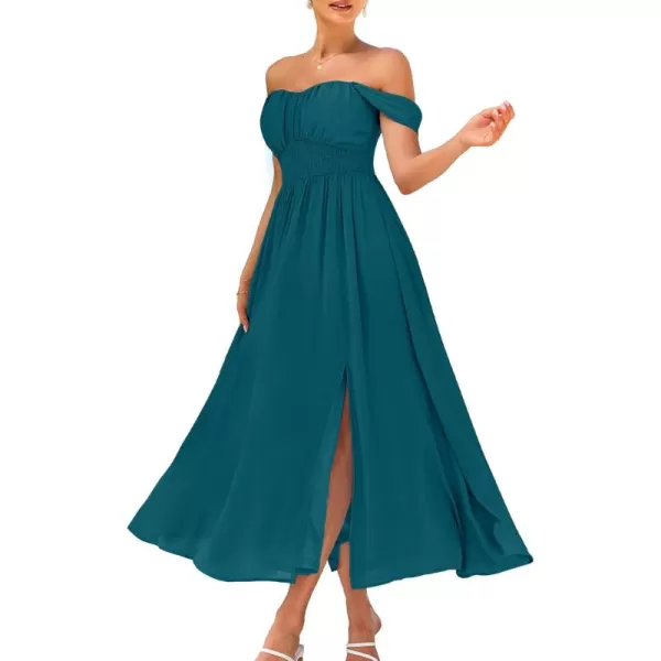 imageGRACE KARIN 2024 Womens Summer Solid Flowy A Line Dresses Sleeveless Smocked Off Shoulder Maxi DressPeacock Blue