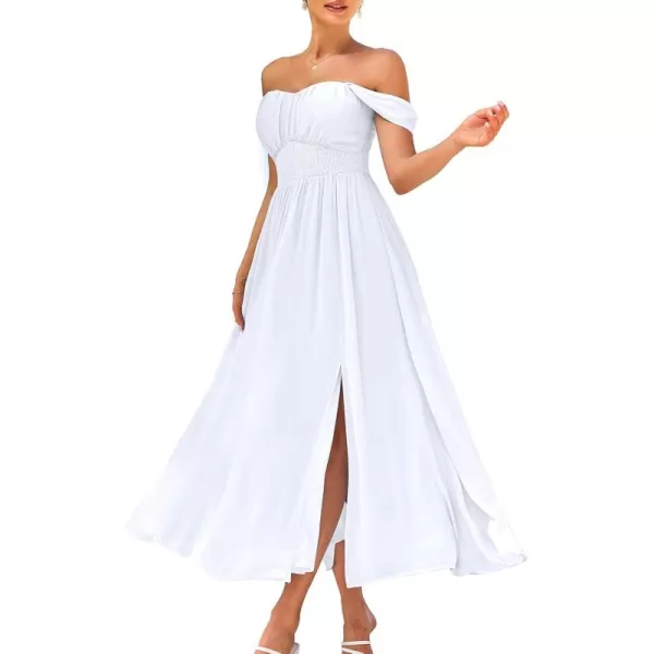 imageGRACE KARIN 2024 Womens Summer Solid Flowy A Line Dresses Sleeveless Smocked Off Shoulder Maxi DressWhite