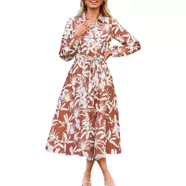 imageGRACE KARIN Women Floral Collar Shirt Dress Elegant Lantern Long Sleeve Casual Vacation BeachwearBrown Floral