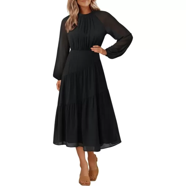 imageGRACE KARIN Womens 2024 Fall Dress Long Sleeve Empire Waist Tiered A Line Swing Flowy Midi DressBlack