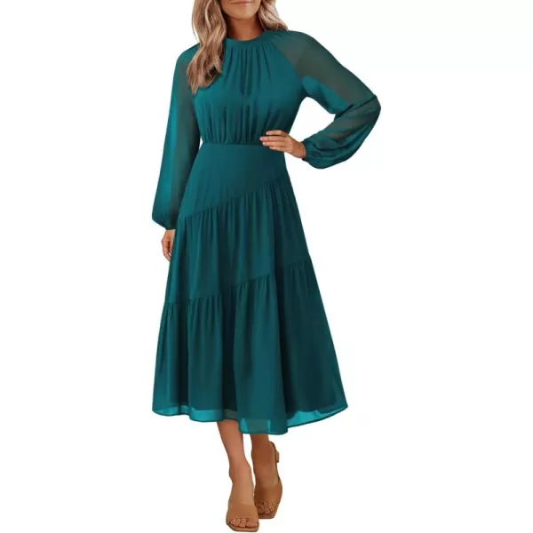 imageGRACE KARIN Womens 2024 Fall Dress Long Sleeve Empire Waist Tiered A Line Swing Flowy Midi DressBlue Green