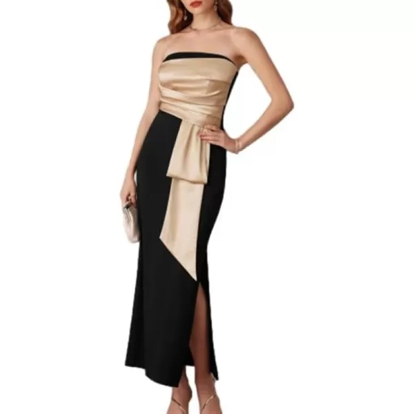 imageGRACE KARIN Womens 2024 Satin Strapless Dress Color Block Bodycon Party Dress with Side SlitBlack Apricot