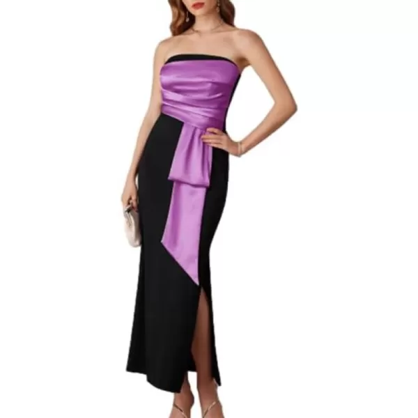 imageGRACE KARIN Womens 2024 Satin Strapless Dress Color Block Bodycon Party Dress with Side SlitBlack Purple