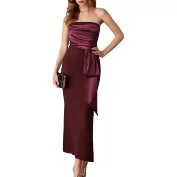 imageGRACE KARIN Womens 2024 Satin Strapless Dress Color Block Bodycon Party Dress with Side SlitWine Red