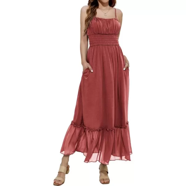 imageGRACE KARIN Womens 2024 Summer Maxi Dress Casual Sleeveless Spaghetti Strap Smocked Ruffle Beach Long Dress with PocketsBrick Red