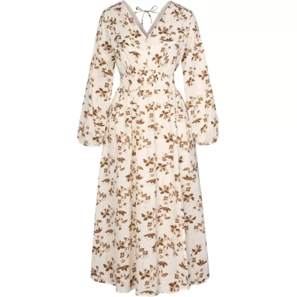 imageGRACE KARIN Womens Boho Summer Fall Floral Midi Dress 2024 Casual Beach Wedding Guest Long Sleeve V Neck Maxi DressBeige Brown Floral