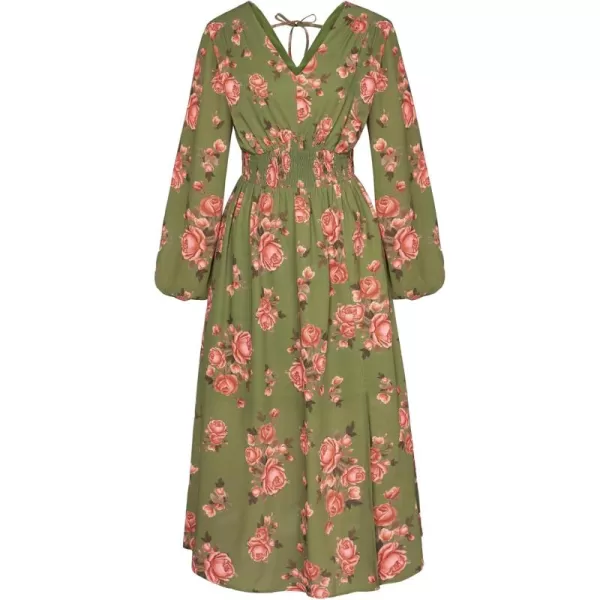 imageGRACE KARIN Womens Boho Summer Fall Floral Midi Dress 2024 Casual Beach Wedding Guest Long Sleeve V Neck Maxi DressGreen Red Floral