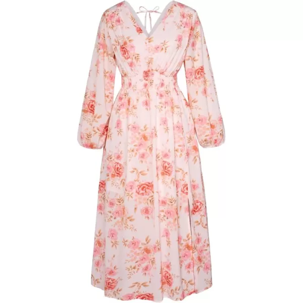 imageGRACE KARIN Womens Boho Summer Fall Floral Midi Dress 2024 Casual Beach Wedding Guest Long Sleeve V Neck Maxi DressWhite Pink Floral