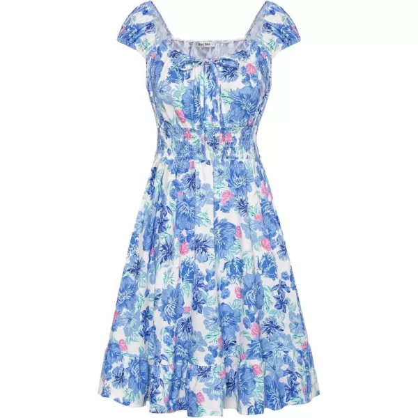 imageGRACE KARIN Womens Floral Dress 2024 Summer Cap Sleeve Smocked Flowy A Line Short Dress Boho Flared Swing Mini DressesBlue Floral