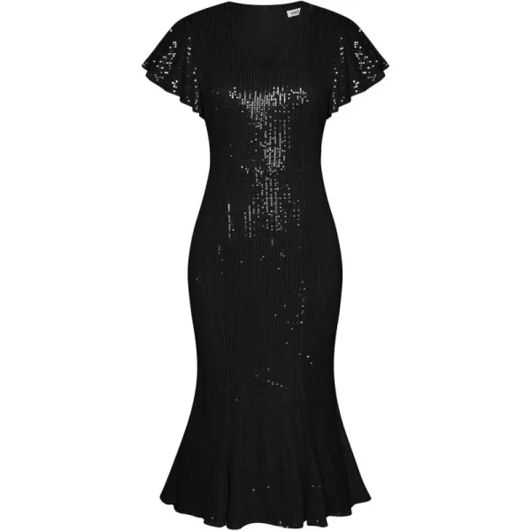 imageGRACE KARIN Womens Formal Sequin Dress Cap Sleeve Elegant Mermaid Dress Glitter Sparkly Cocktail Party Dress with BeltBlack