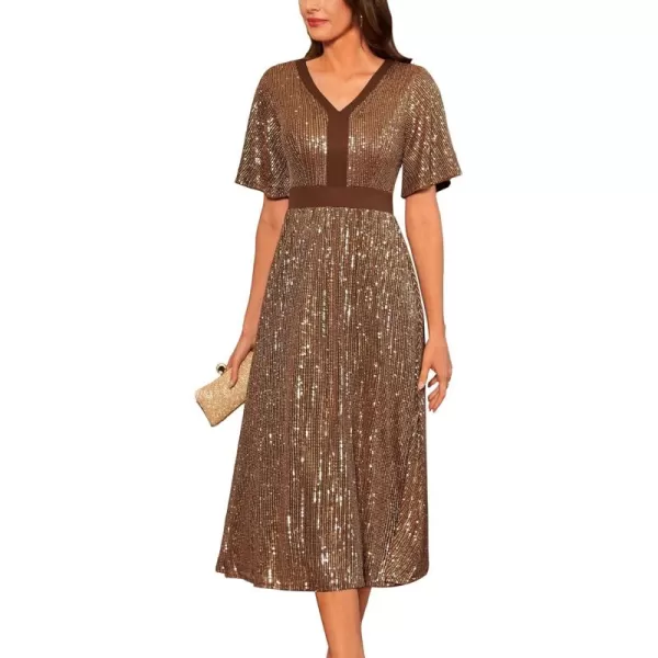 imageGRACE KARIN Womens Sequin V Neck Ruffle Sleeve Empire Waist Sparkly Glitter A Line Cocktail Formal DressesBrown