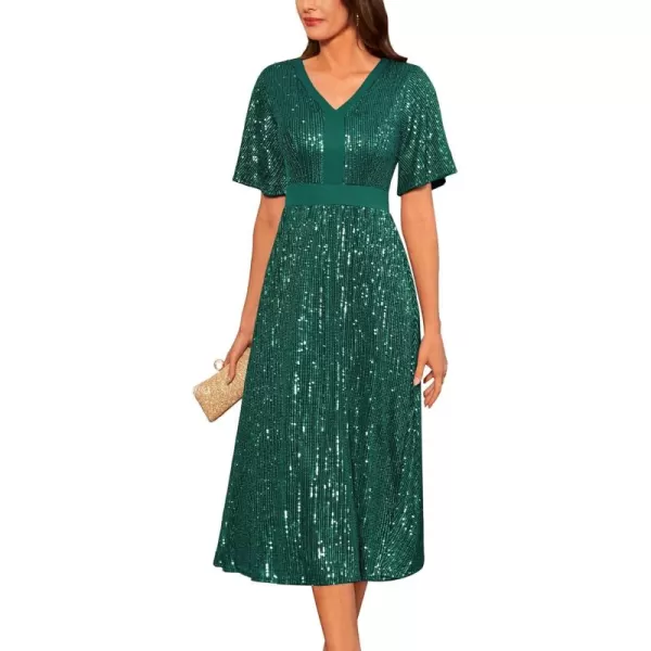 imageGRACE KARIN Womens Sequin V Neck Ruffle Sleeve Empire Waist Sparkly Glitter A Line Cocktail Formal DressesDark Green