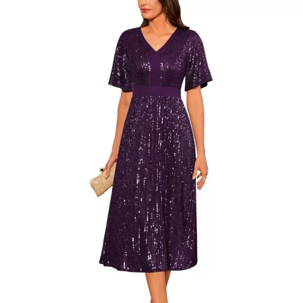 imageGRACE KARIN Womens Sequin V Neck Ruffle Sleeve Empire Waist Sparkly Glitter A Line Cocktail Formal DressesPurple