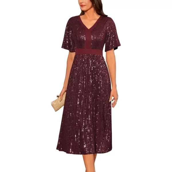 imageGRACE KARIN Womens Sequin V Neck Ruffle Sleeve Empire Waist Sparkly Glitter A Line Cocktail Formal DressesWine Red