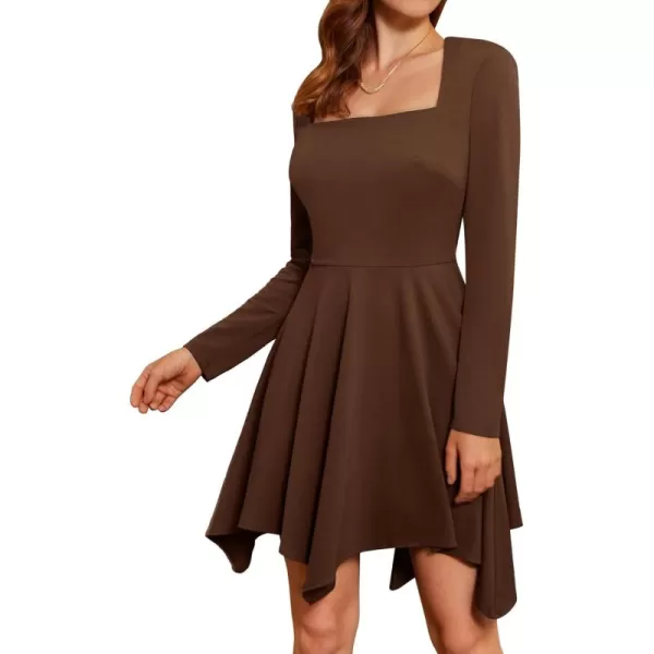 imageGRACE KARIN Womens Short A Line Dresses Square Neck Long Sleeve Mini Dress Swing Flare Asymmetrical Hem Party Skater DressBrown