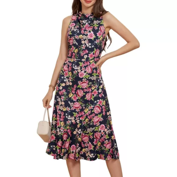 imageGRACE KARIN Womens Summer Sleeveless Mock Neck Dress Floral Midi Dress Elegant Wedding Guest Dress 2024 Backless DressNavy Bluepink Floral