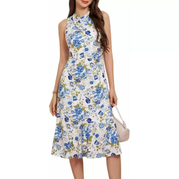 imageGRACE KARIN Womens Summer Sleeveless Mock Neck Dress Floral Midi Dress Elegant Wedding Guest Dress 2024 Backless DressWhiteblue Floral