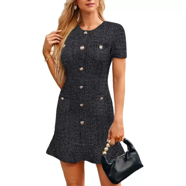 imageGRACE KARIN Womens Tweed Dress 2024 Fall Short Sleeve Button Bodycon Elegant Work Mini Dress Casual Dresses with PocketDark Black