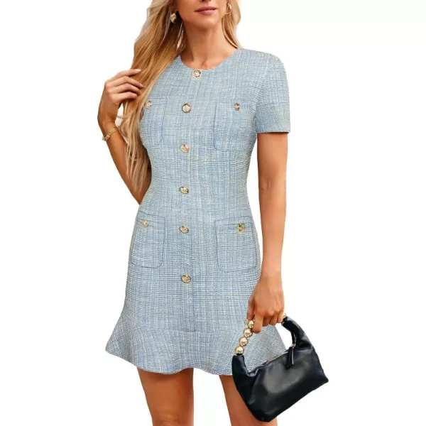 imageGRACE KARIN Womens Tweed Dress 2024 Fall Short Sleeve Button Bodycon Elegant Work Mini Dress Casual Dresses with PocketLight Blue