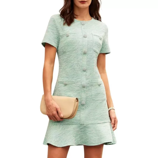 imageGRACE KARIN Womens Tweed Dress 2024 Fall Short Sleeve Button Bodycon Elegant Work Mini Dress Casual Dresses with PocketLight Green