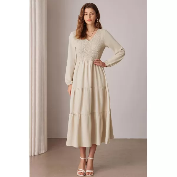 imageGRACE KARIN Long Sleeve Dresses for Women V Neck Smocked Tiered ALine Dress Formal Cocktail Wedding Guest Maxi DressApricot