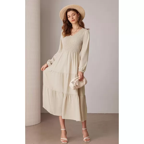 imageGRACE KARIN Long Sleeve Dresses for Women V Neck Smocked Tiered ALine Dress Formal Cocktail Wedding Guest Maxi DressApricot