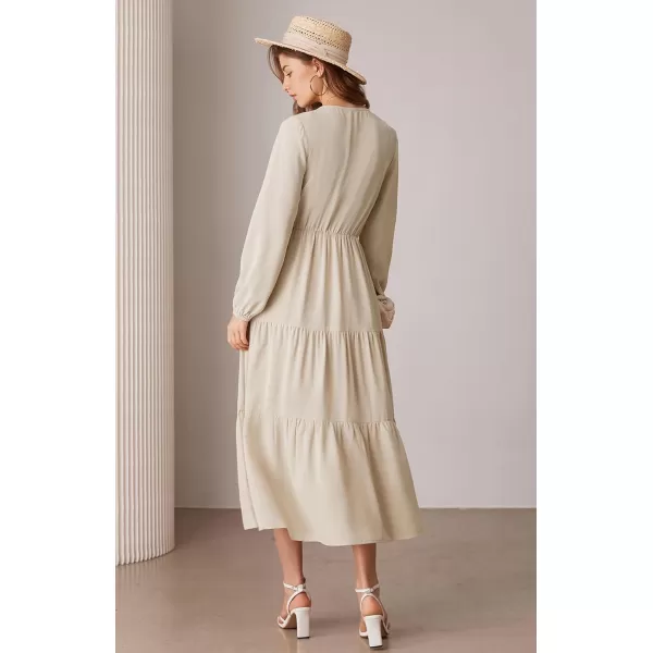 imageGRACE KARIN Long Sleeve Dresses for Women V Neck Smocked Tiered ALine Dress Formal Cocktail Wedding Guest Maxi DressApricot