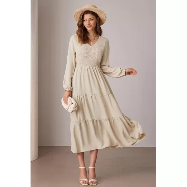 imageGRACE KARIN Long Sleeve Dresses for Women V Neck Smocked Tiered ALine Dress Formal Cocktail Wedding Guest Maxi DressApricot