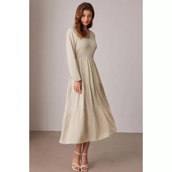 imageGRACE KARIN Long Sleeve Dresses for Women V Neck Smocked Tiered ALine Dress Formal Cocktail Wedding Guest Maxi DressApricot