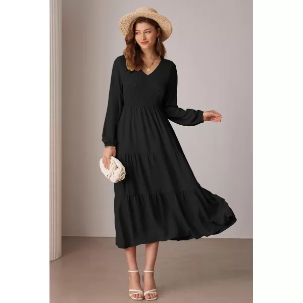 imageGRACE KARIN Long Sleeve Dresses for Women V Neck Smocked Tiered ALine Dress Formal Cocktail Wedding Guest Maxi DressBlack