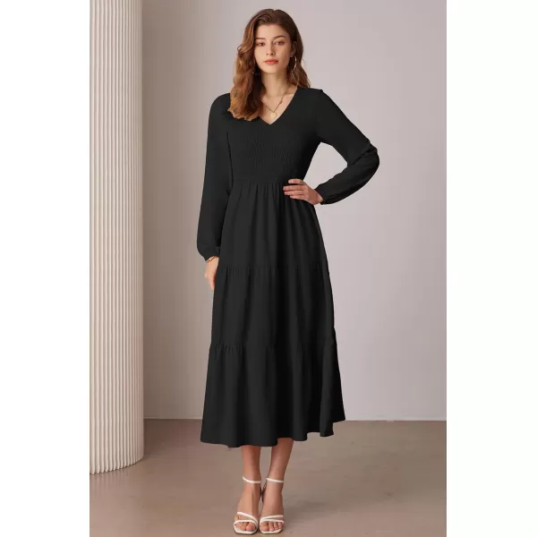 imageGRACE KARIN Long Sleeve Dresses for Women V Neck Smocked Tiered ALine Dress Formal Cocktail Wedding Guest Maxi DressBlack