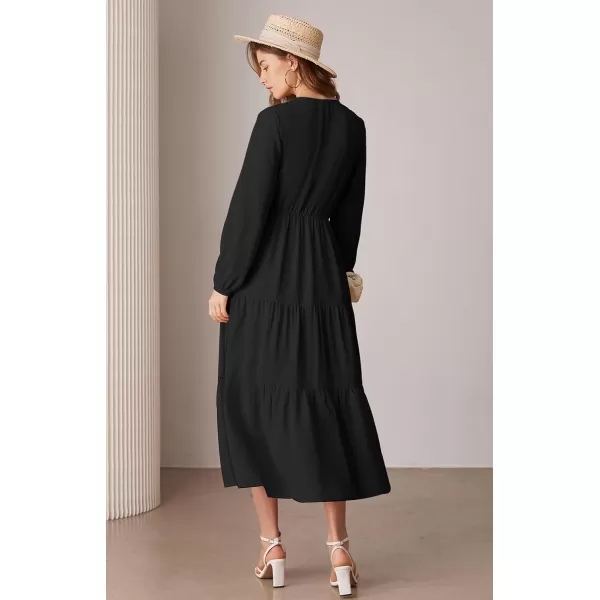 imageGRACE KARIN Long Sleeve Dresses for Women V Neck Smocked Tiered ALine Dress Formal Cocktail Wedding Guest Maxi DressBlack