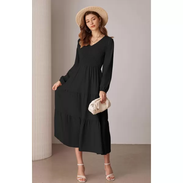 imageGRACE KARIN Long Sleeve Dresses for Women V Neck Smocked Tiered ALine Dress Formal Cocktail Wedding Guest Maxi DressBlack